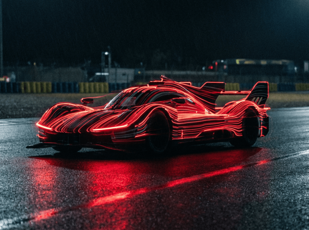 A race car on a wet track at night, outlined by glowing red light trails.