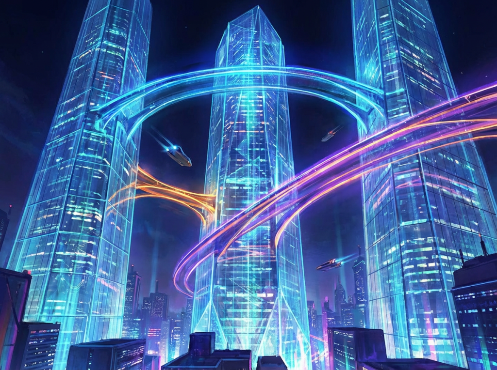 Glowing blue crystalline skyscrapers connected by light trails with flying vehicles in a futuristic night city.