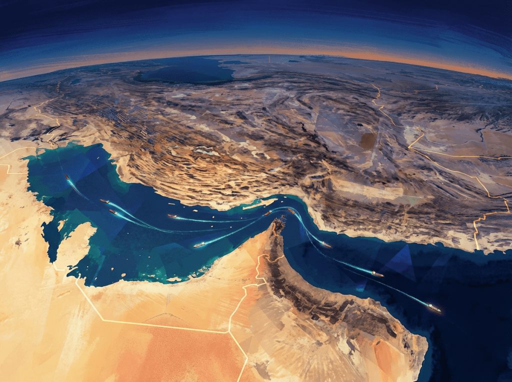 Artistic aerial map showing ships with glowing trails navigating the Strait of Hormuz.