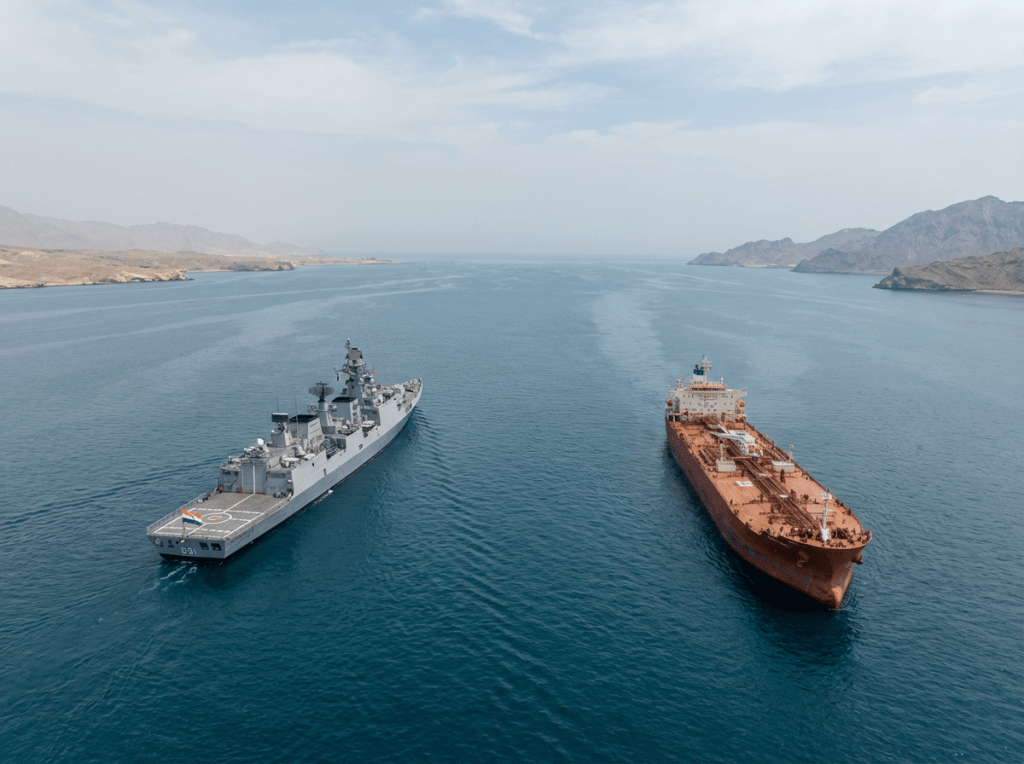 An Indian Navy warship and a large orange oil tanker sailing through a coastal strait.