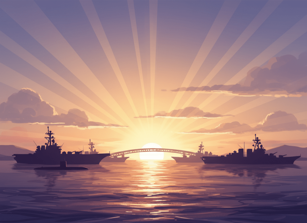 Naval silhouettes bridged by dawn light