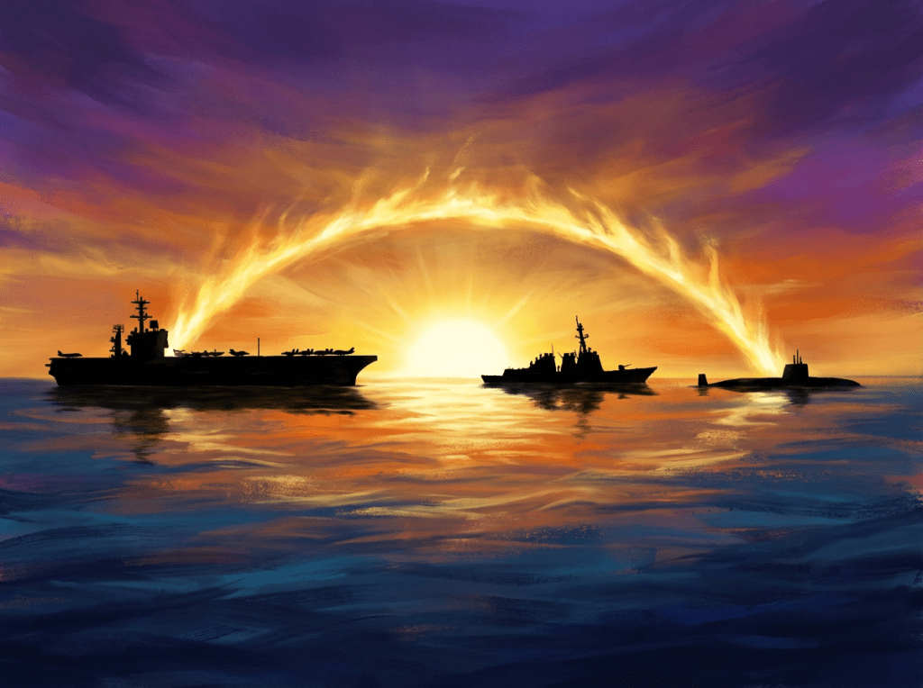 Silhouettes of an aircraft carrier, destroyer, and submarine with a fiery arc at sunset.
