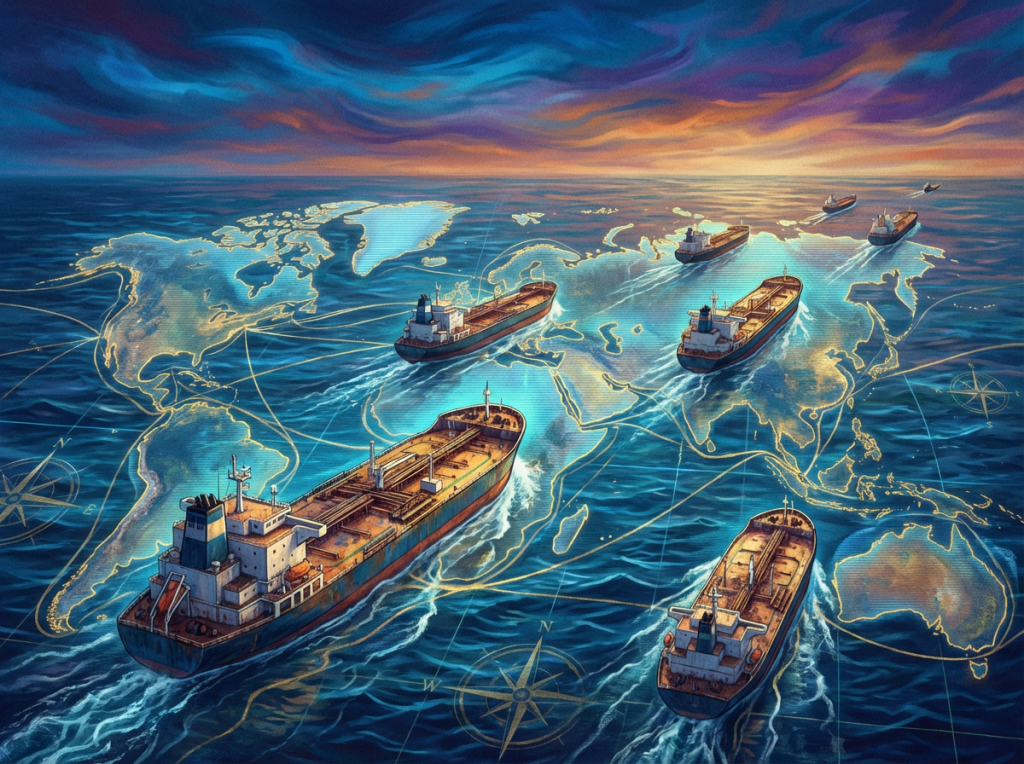 Oil tankers navigating across a glowing world map superimposed on the deep blue ocean.