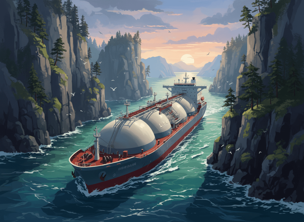 Large LPG carrier ship with spherical tanks traveling through a narrow fjord at sunset.