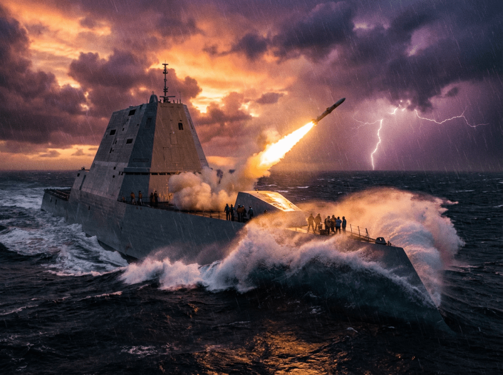 Stealth destroyer launching a missile in a stormy ocean under a lightning-filled sunset sky.