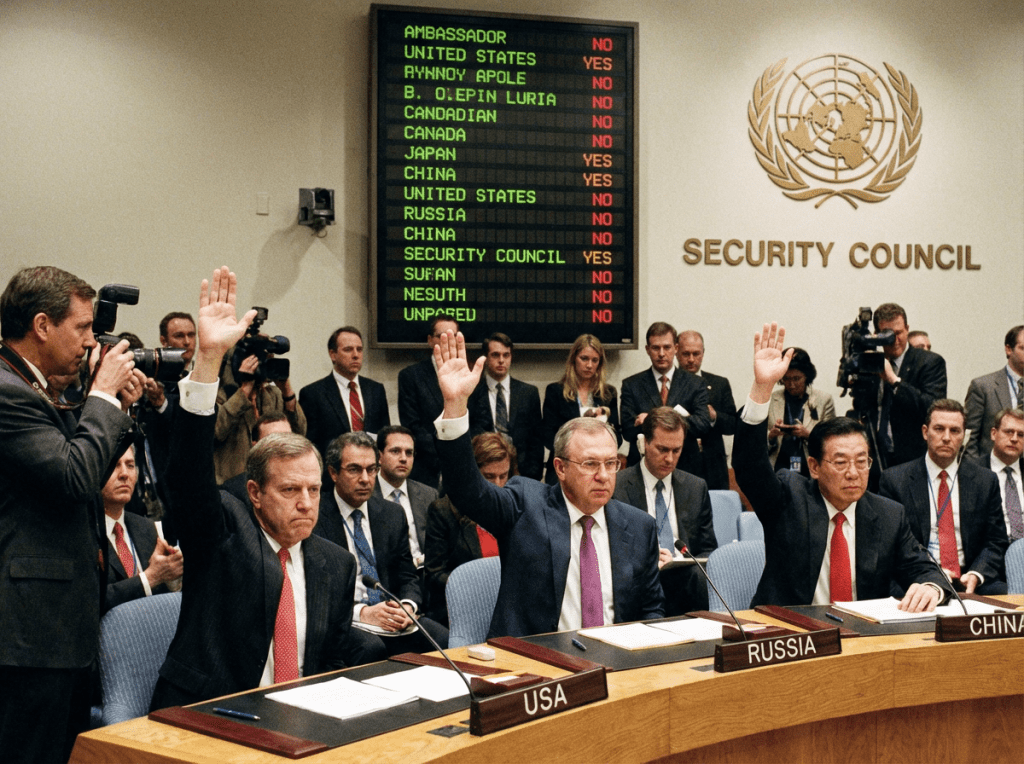 Delegates from USA, Russia, and China raising hands in UN Security Council meeting