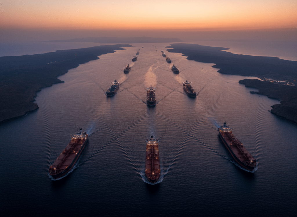 Multiple oil tankers sailing in two parallel lines through a narrow waterway at dusk