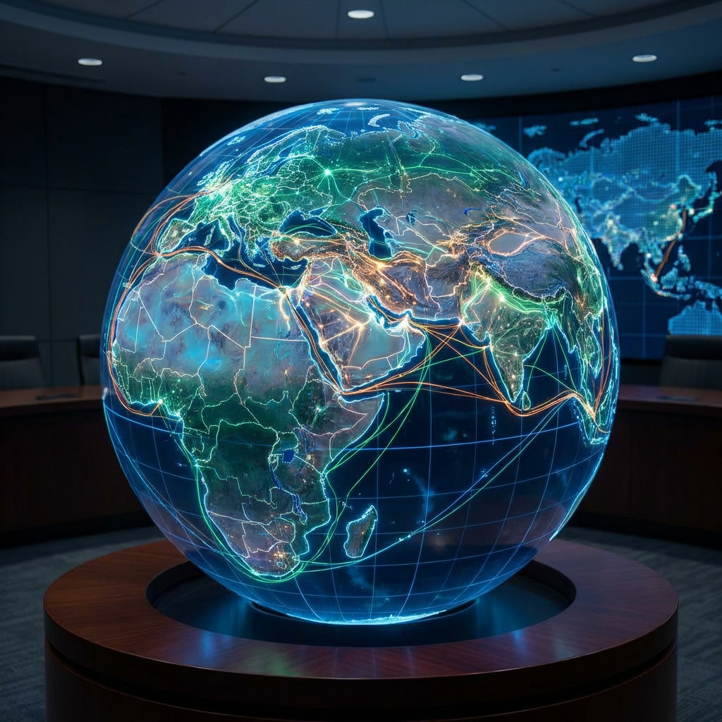 Digital globe showing illuminated global communication and trade routes over continents