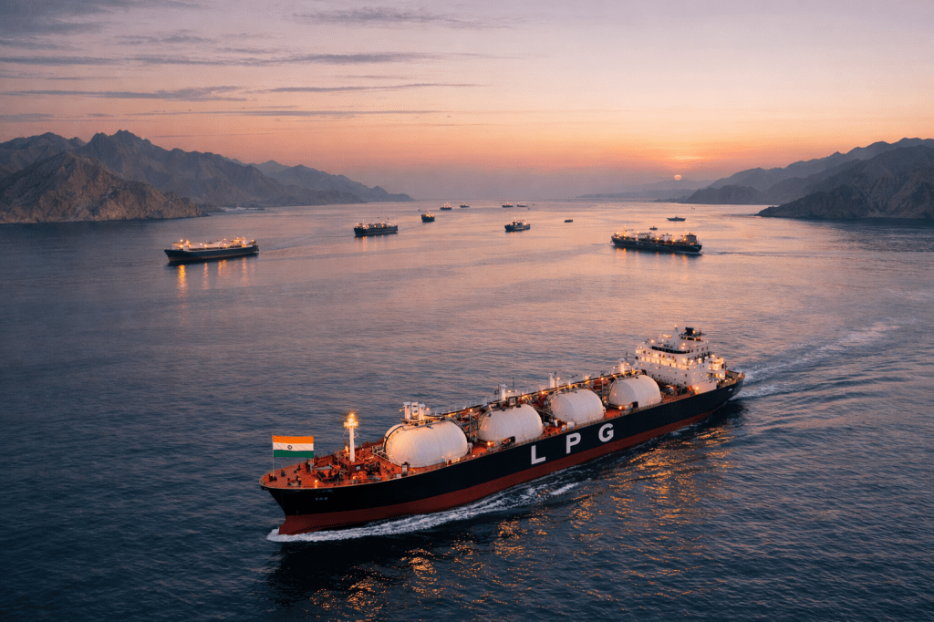 LPG tanker ship leading several cargo ships sailing through water at sunset