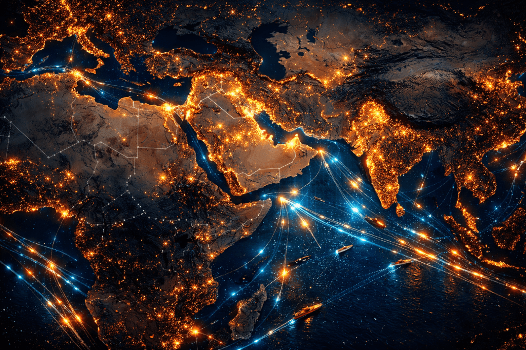 Map showing maritime shipping routes with illuminated cities and shipping lines in Africa, Middle East, and South Asia at night