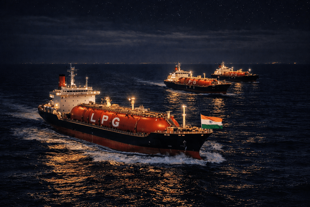 Three LPG tanker ships sailing at night with bright lights reflecting on the water