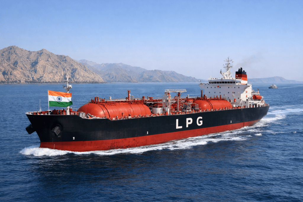 LPG tanker ship sailing on blue ocean near rocky coastline