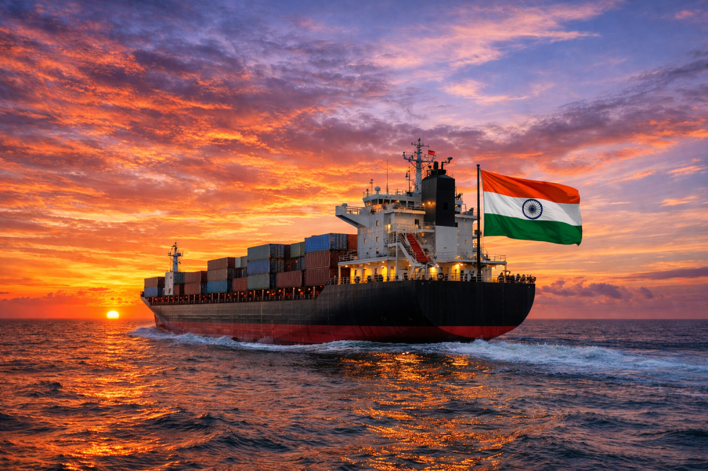 Cargo ship with Indian flag sailing on ocean at sunset
