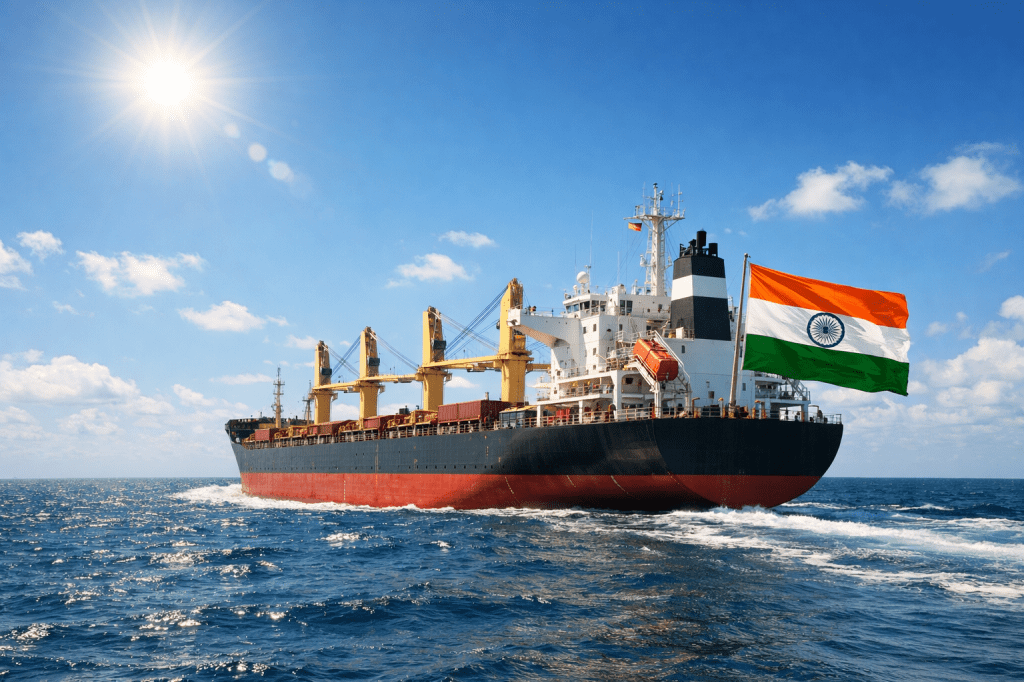 Cargo ship cruising on ocean with Indian flag waving at the stern under clear blue sky