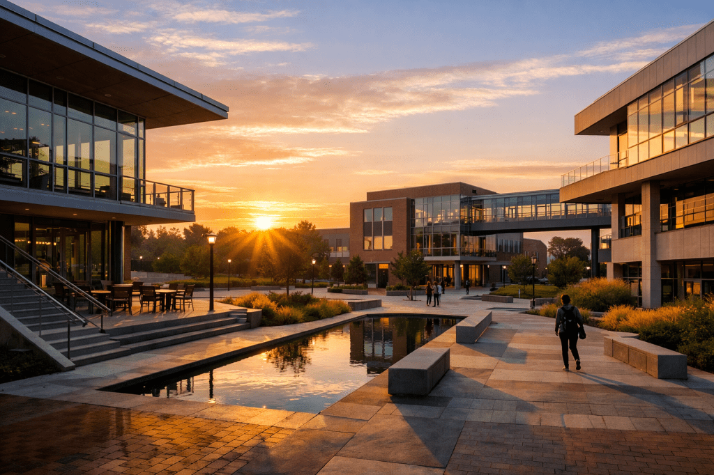 Modern university buildings with glass facades around a reflecting pool at sunset