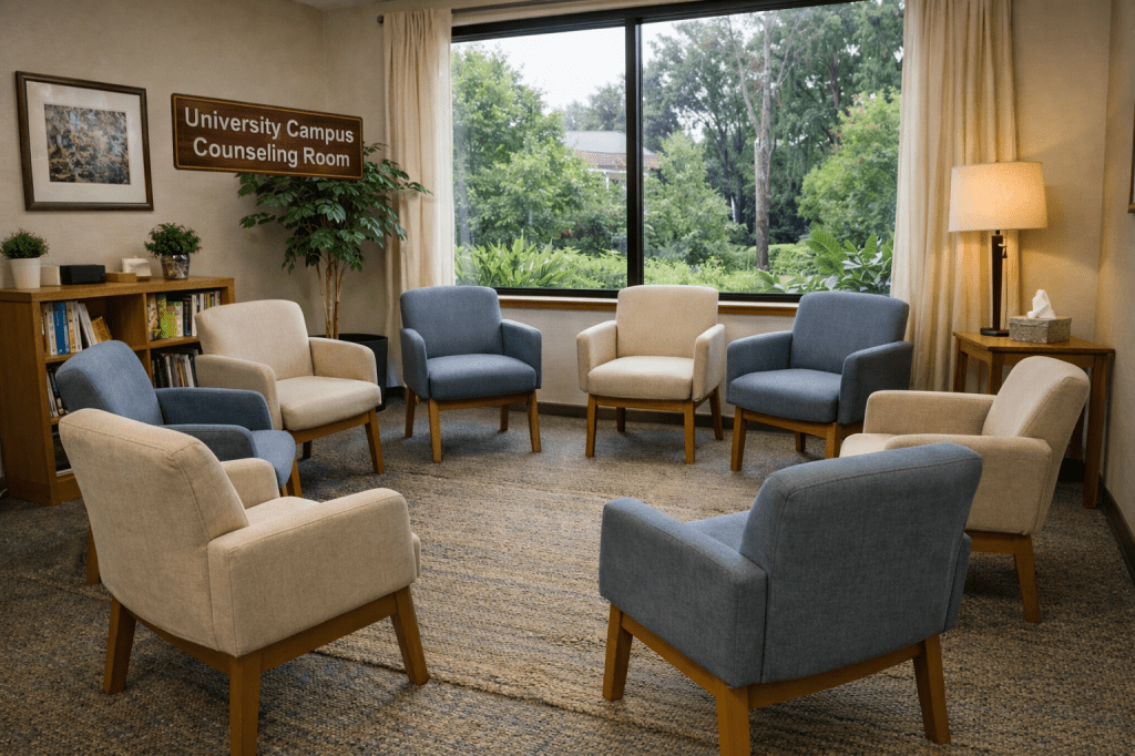 Circle of beige and blue armchairs arranged around a carpet in a bright room with large window and plants
