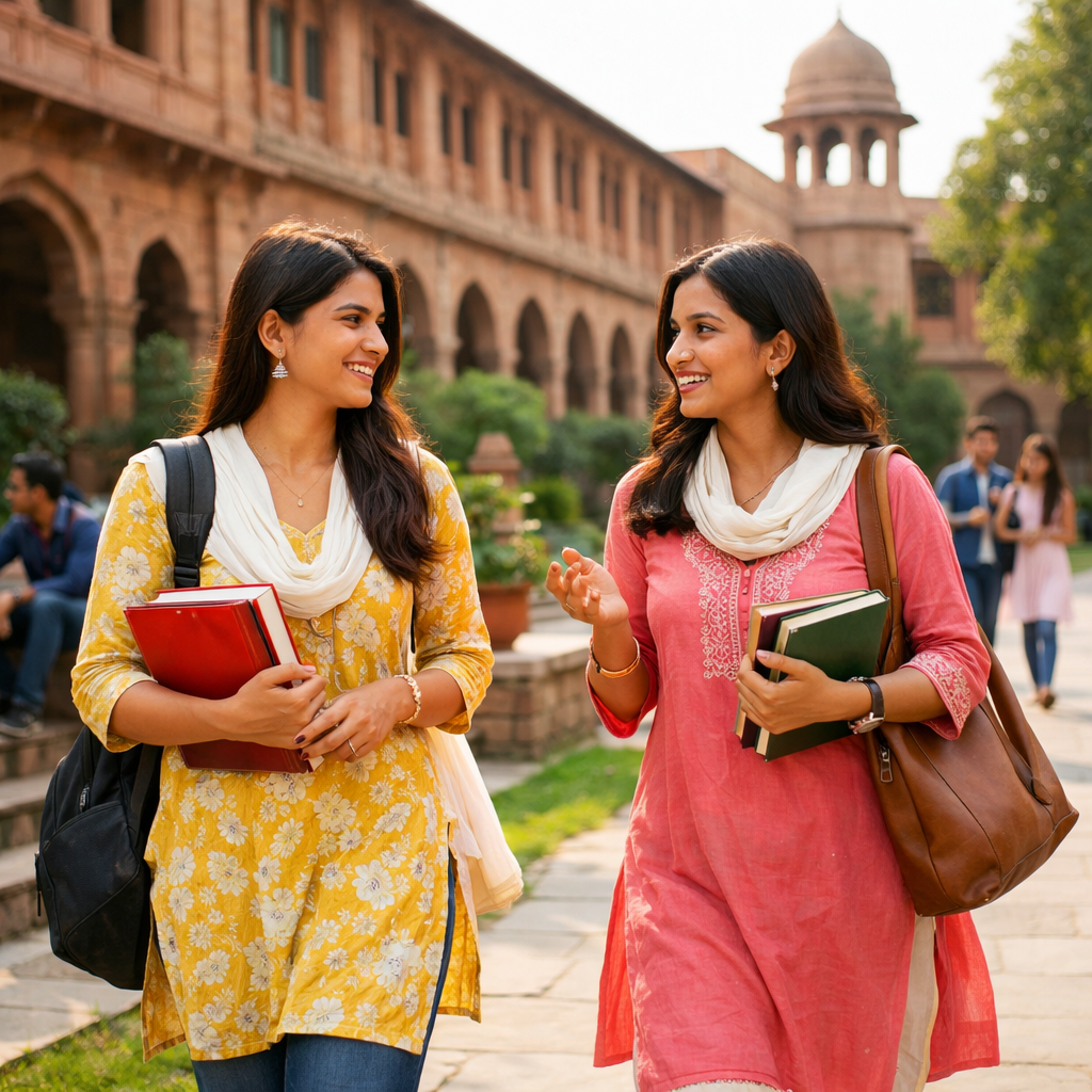 Two female students walking and talking in a historic university courtyard carrying books and backpacks