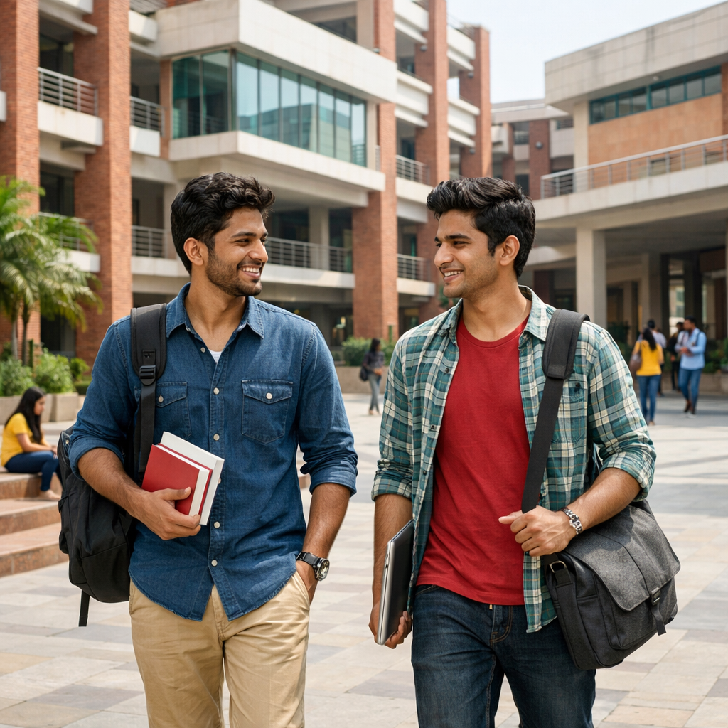 Two male college students walking and talking on campus with backpacks and study materials