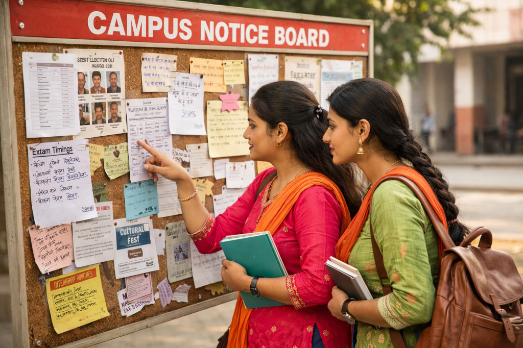 Two students reading notices on a campus bulletin board