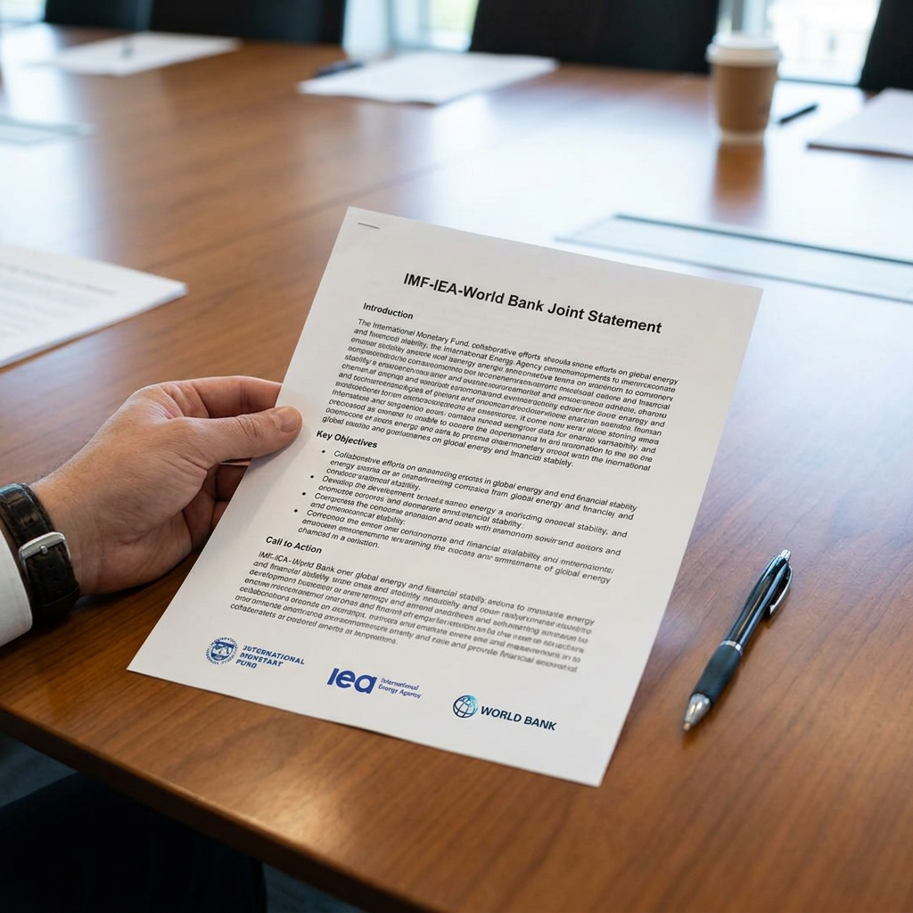 Hand holding IMF, IEA, and World Bank joint statement document on wooden table with pen