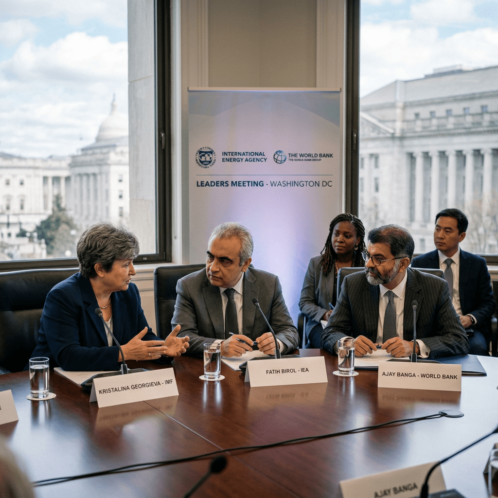 Leaders Kristalina Georgieva, Fatih Birol, and Ajay Banga seated at a conference table during an international leaders meeting in Washington DC