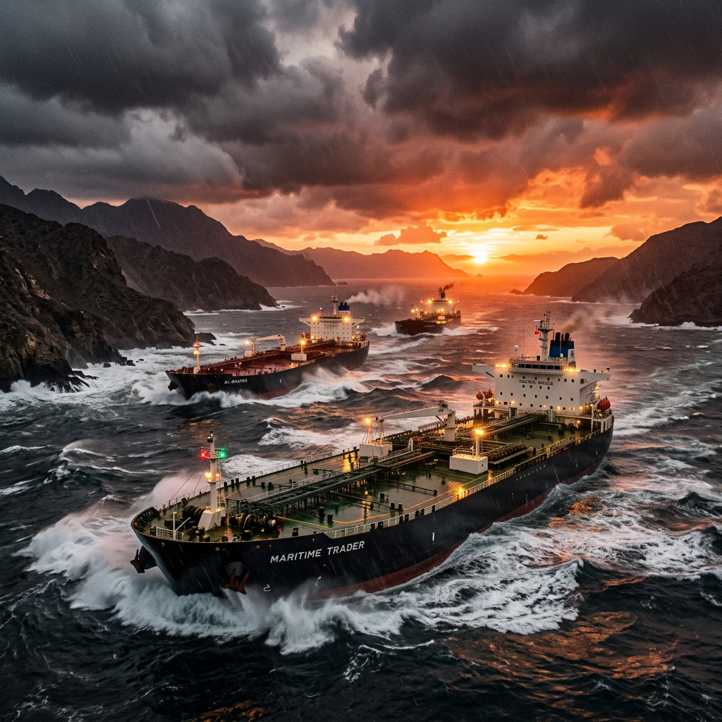 Three cargo ships sailing through turbulent waters near rocky coastlines under cloudy, orange sunset sky