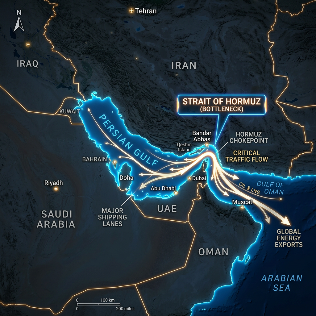 Map showing the Strait of Hormuz as a bottleneck for critical traffic flow of oil and LNG from the Persian Gulf to the Arabian Sea