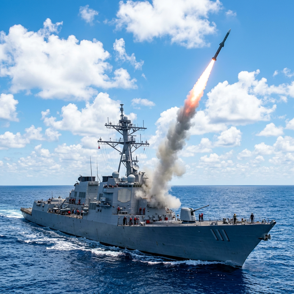 Naval destroyer launching a missile with smoke and flame trail over the sea