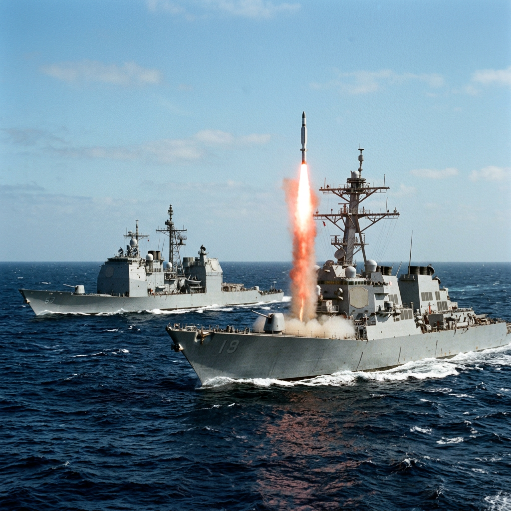 Naval destroyer launching a missile over the ocean with another warship nearby