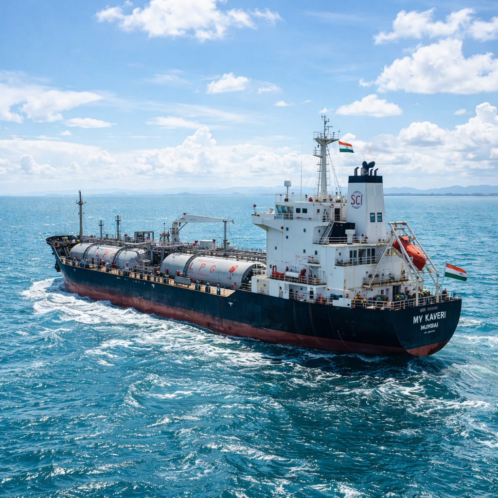 LPG tanker ship MV Kaveri sailing on the ocean with Indian flags flying