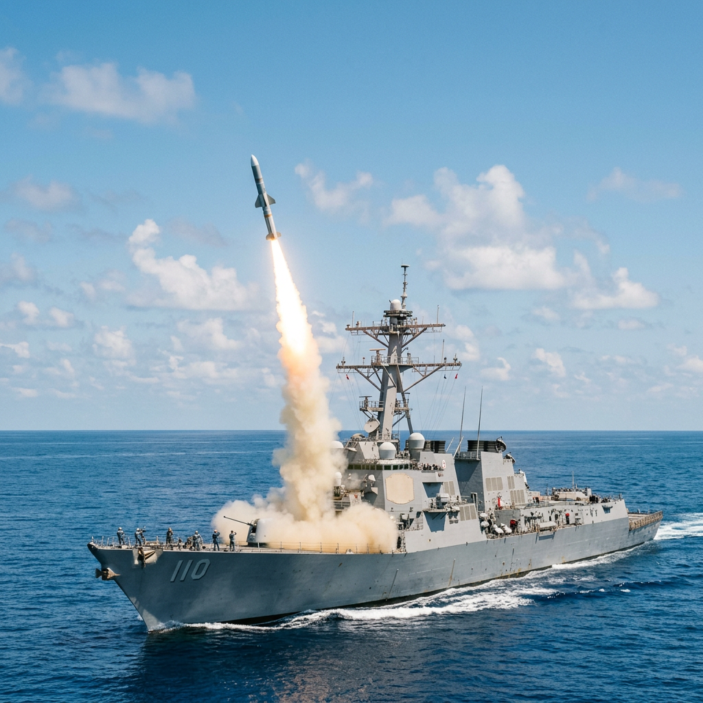 Naval destroyer 110 launching a missile over the ocean during a training exercise