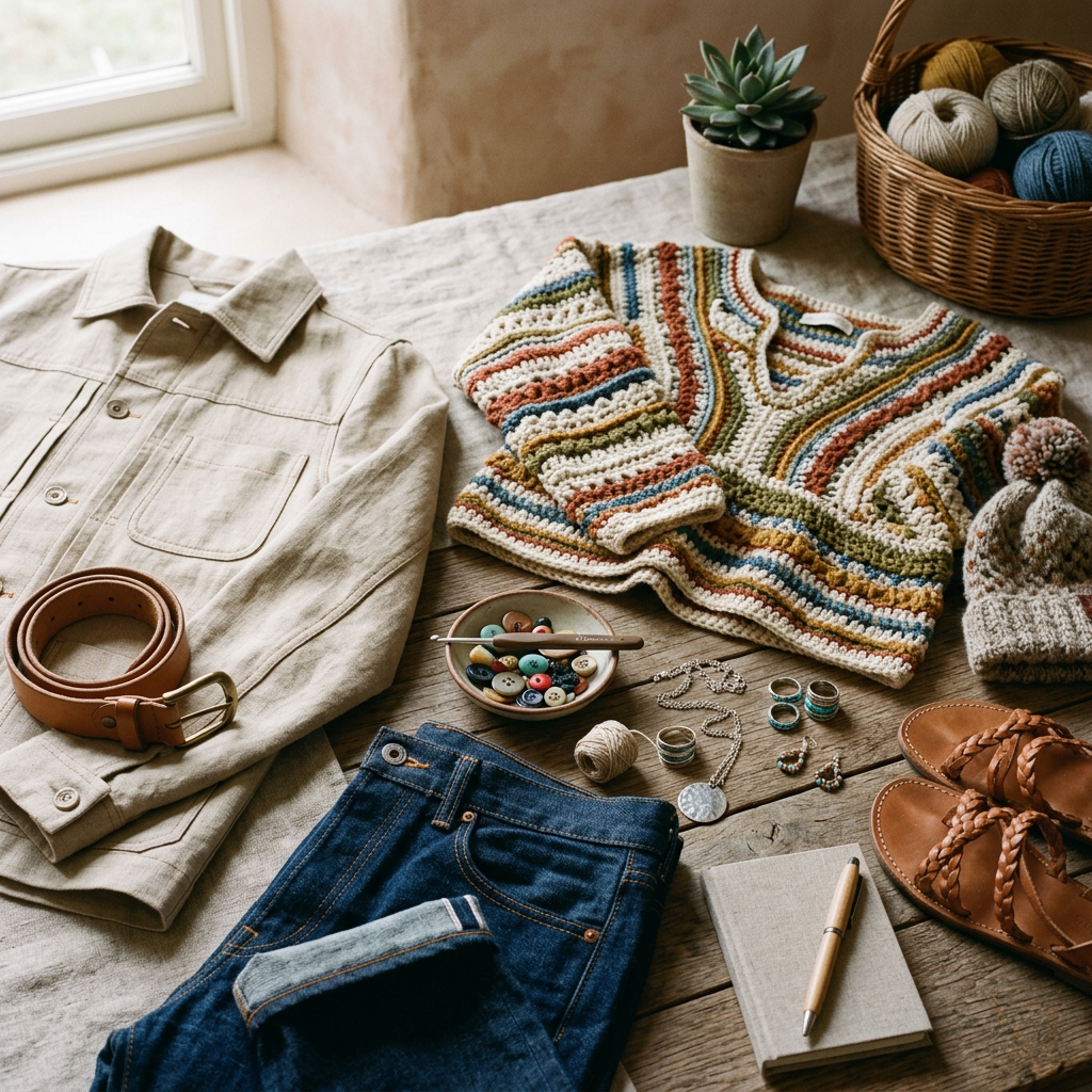 Beige jacket, striped crochet sweater, jeans, belt, shoes, hat, jewelry, buttons, notebook, and yarn arranged on a wooden surface