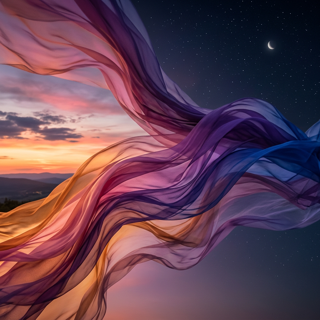 Flowing purple, blue, and orange translucent fabric over a twilight sky with stars and crescent moon