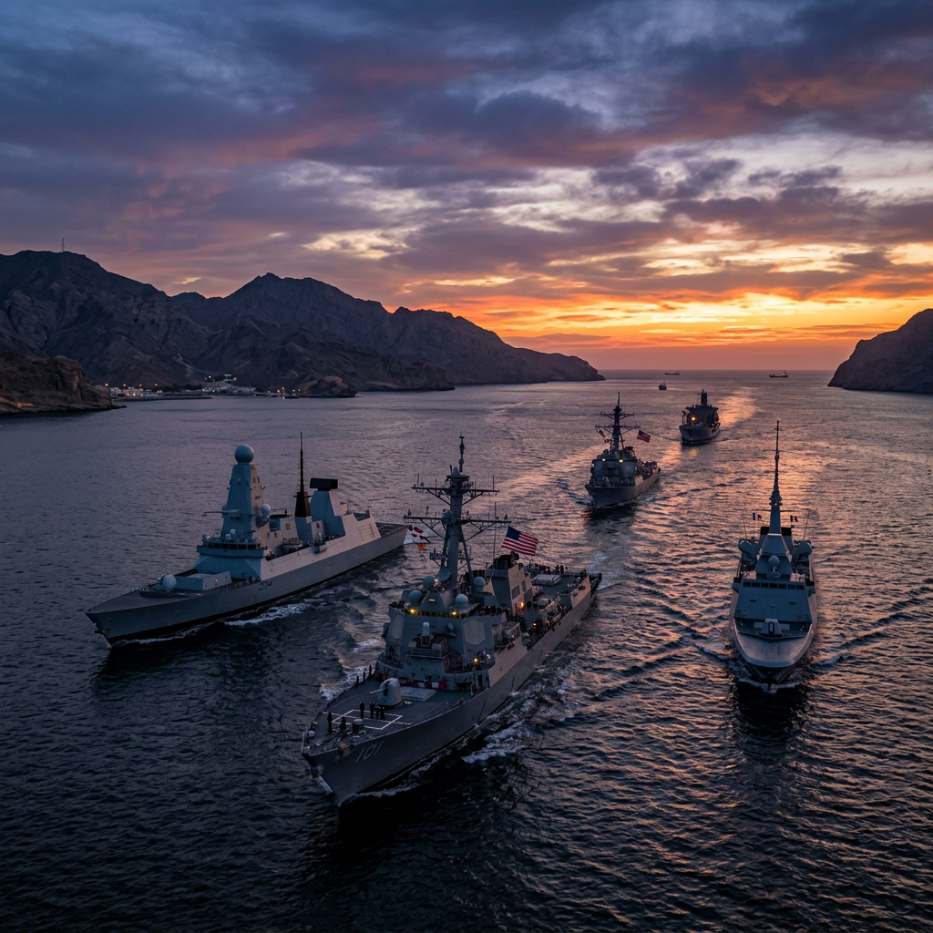 Fleet of naval warships navigating a narrow waterway at sunset with mountains on both sides