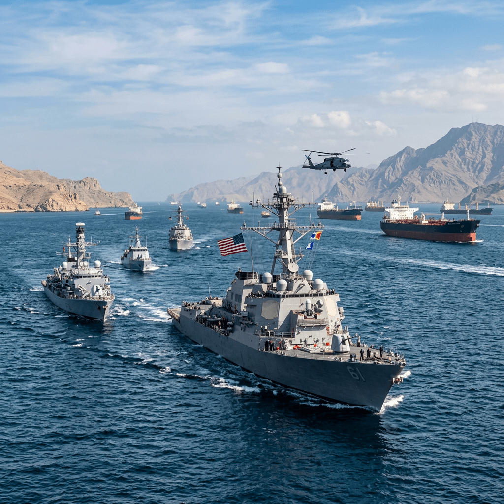 Naval warships and a helicopter escorting multiple commercial cargo ships through a narrow sea passage surrounded by mountains