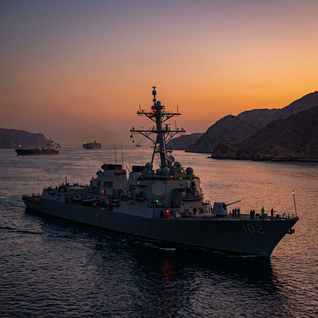 Naval destroyer with hull number 102 sailing at sunset in a mountainous channel with cargo ships in background