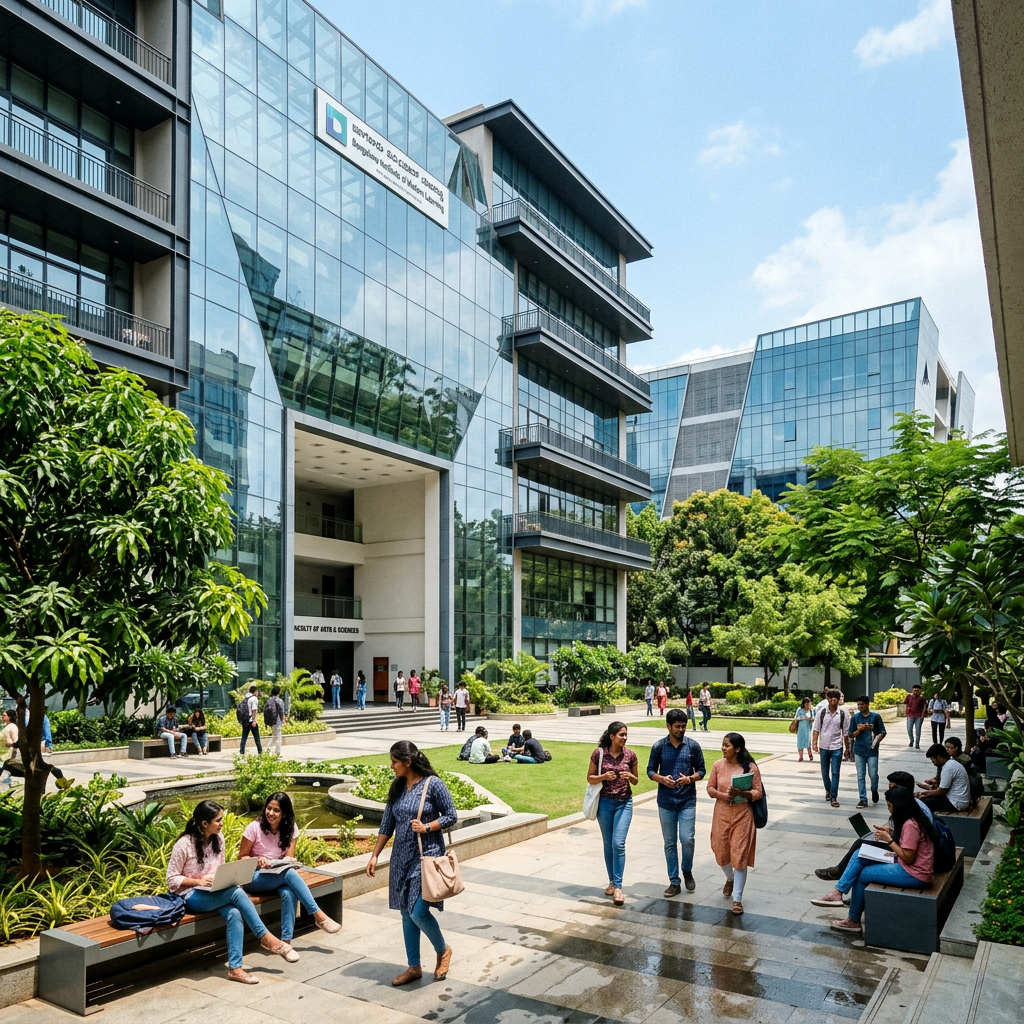 University courtyard with students walking and sitting near glass academic buildings