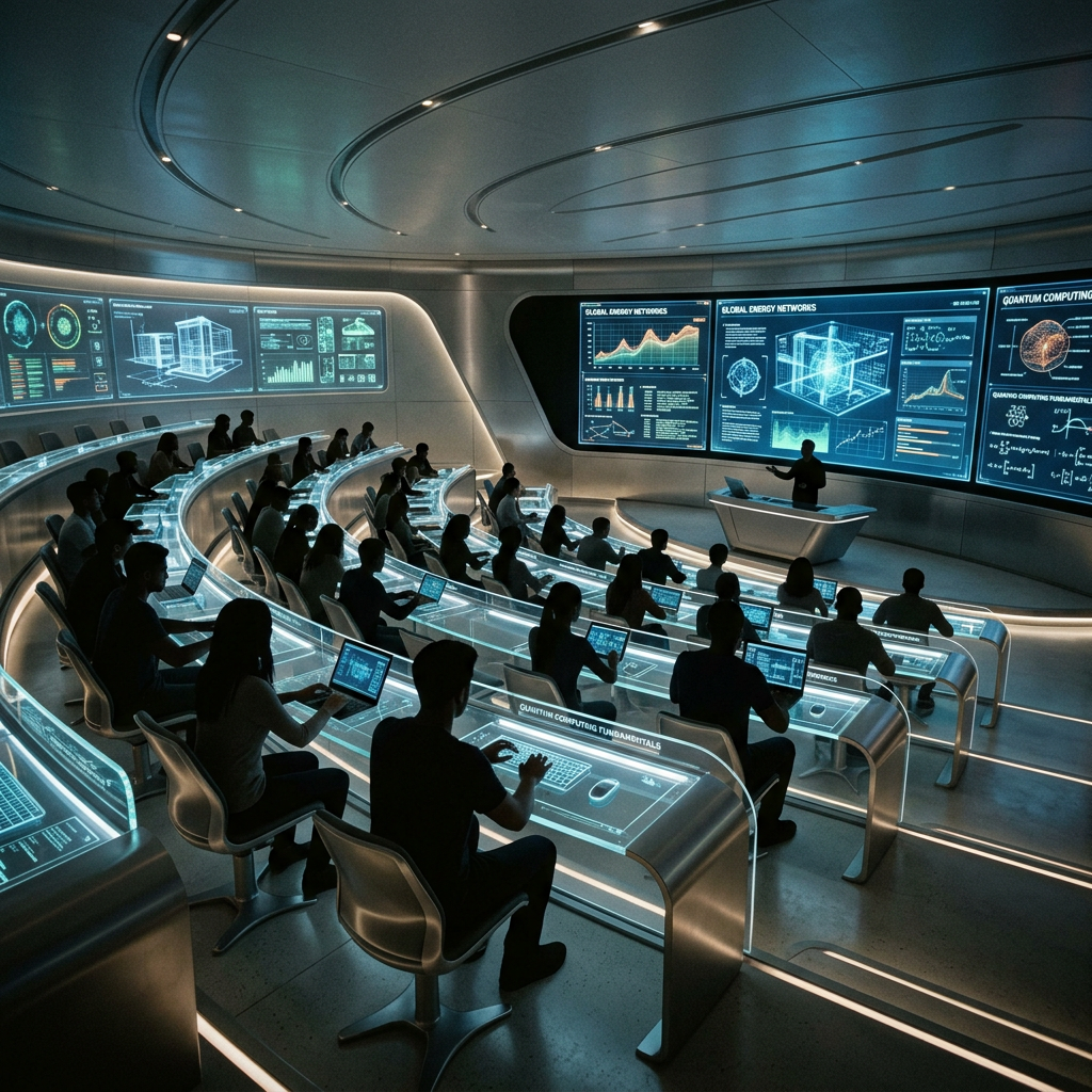 Lecture hall with students using holographic desks and a professor presenting futuristic technology on large digital screens