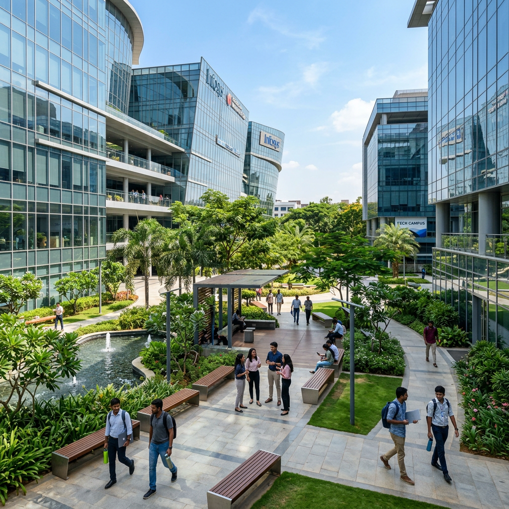 Tech campus courtyard with people walking, greenery, benches, and glass office buildings