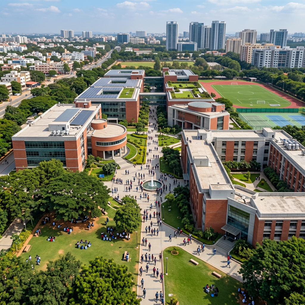 Aerial view of a university campus with multiple buildings, green lawns, students walking, and sports fields
