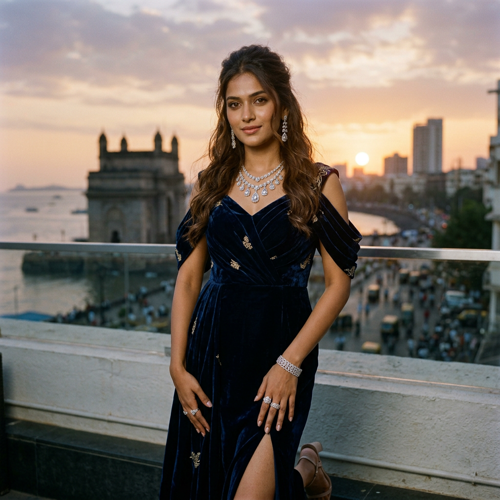 Woman in navy blue dress and jewelry standing on balcony with city and sunset behind