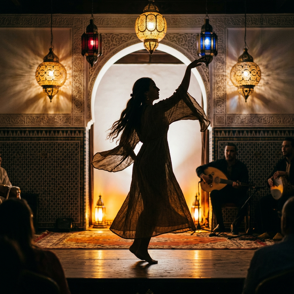 Silhouette of a woman dancing barefoot with musicians playing traditional instruments