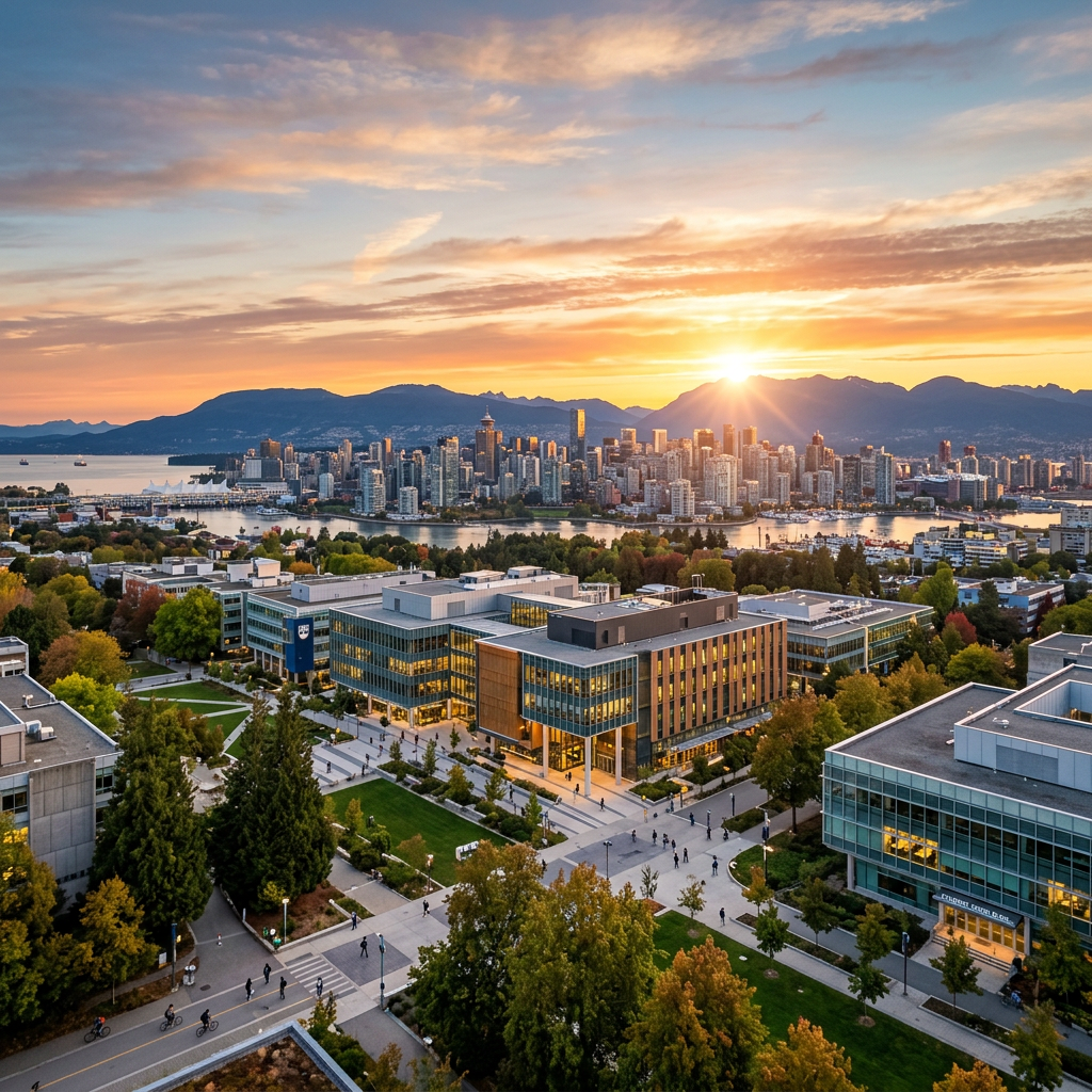 Modern university campus buildings with city skyline and mountains at sunset