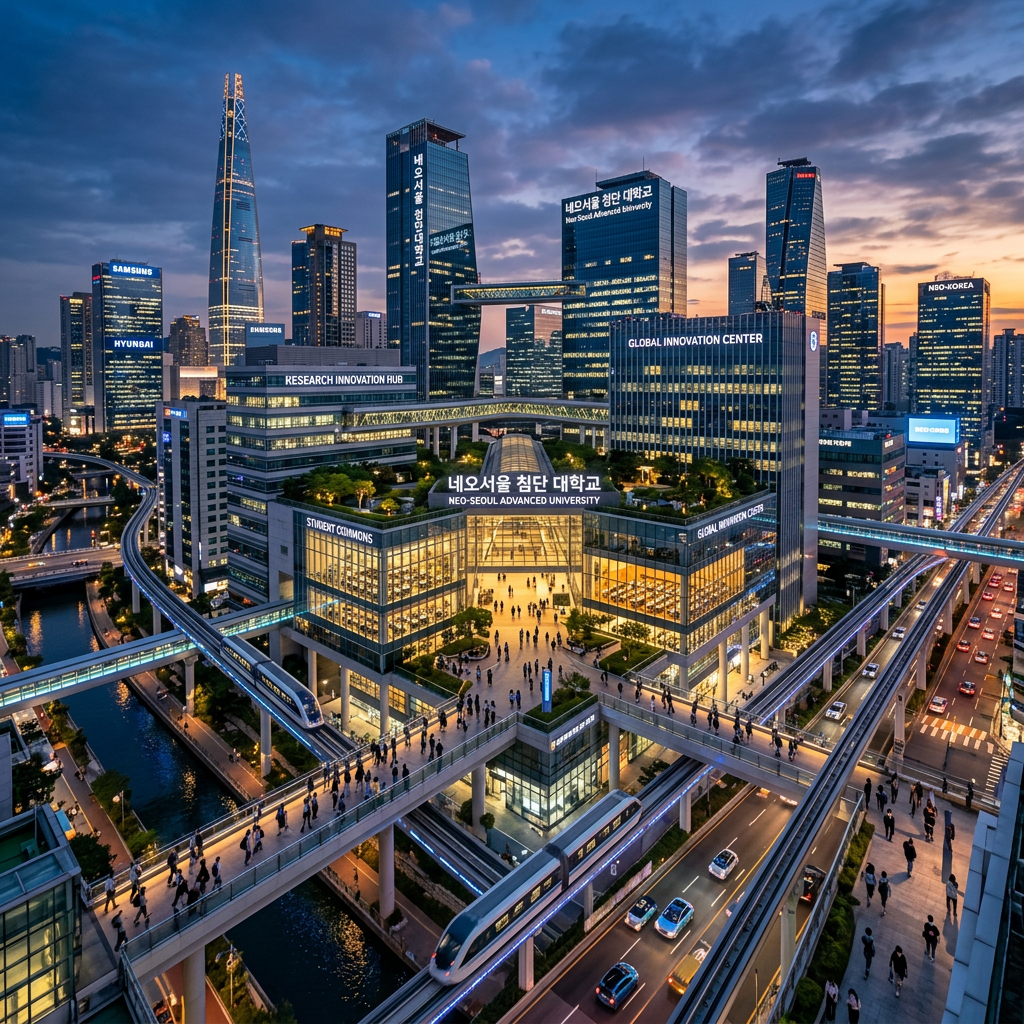 Modern university campus with skyscrapers, elevated trains, walkways, and green rooftop gardens during evening.