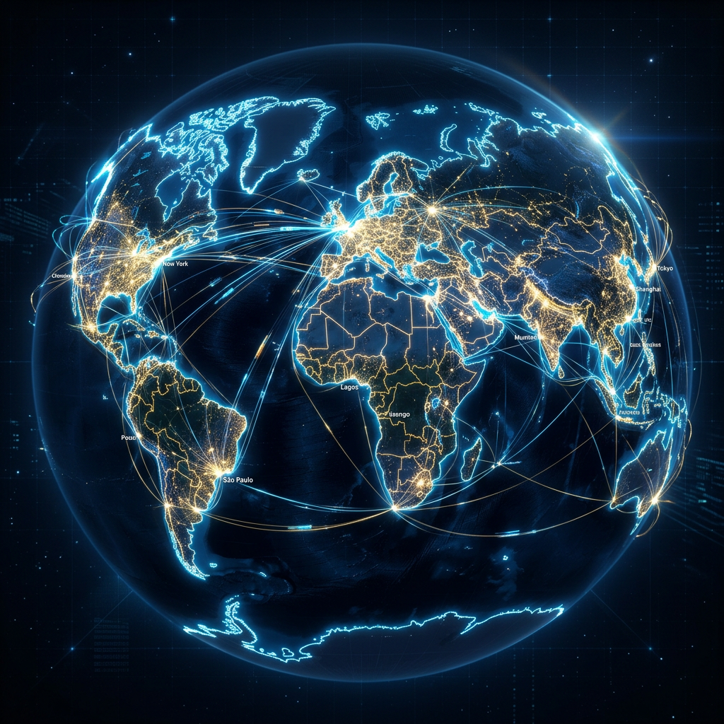 Digital globe highlighting interconnected major global cities with glowing network lines
