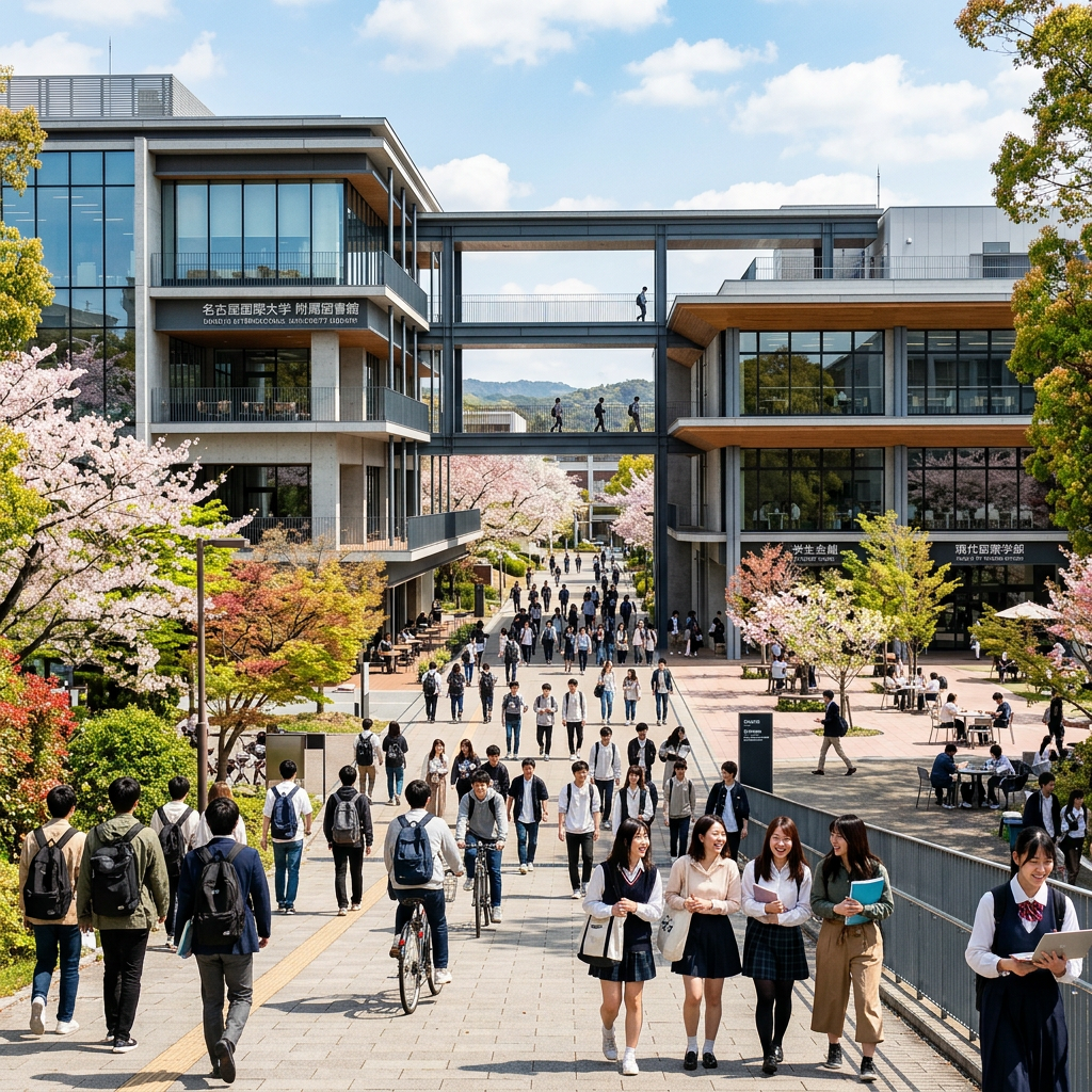Students walking and biking on a university campus pathway lined with cherry blossom trees
