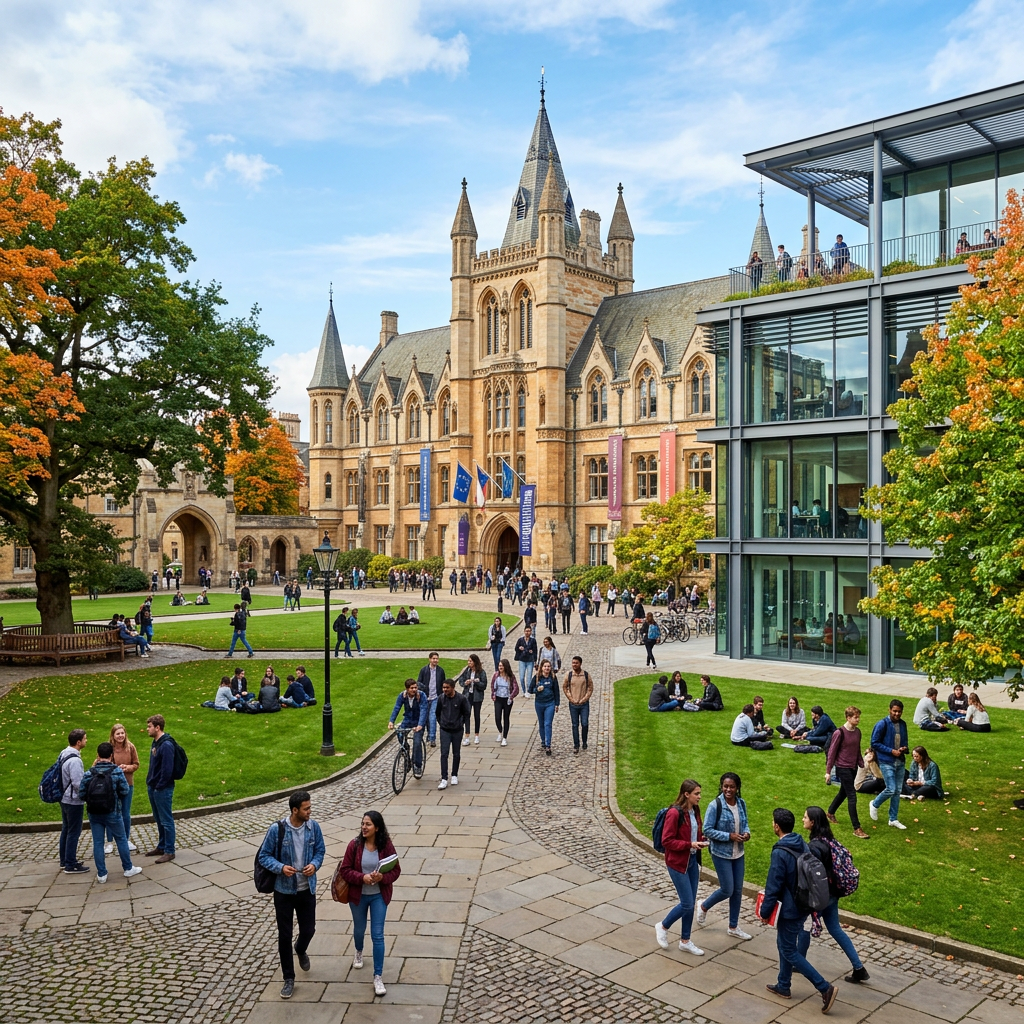 Students walking and sitting on grassy areas between historic gothic-style building and modern glass building on a university campus.