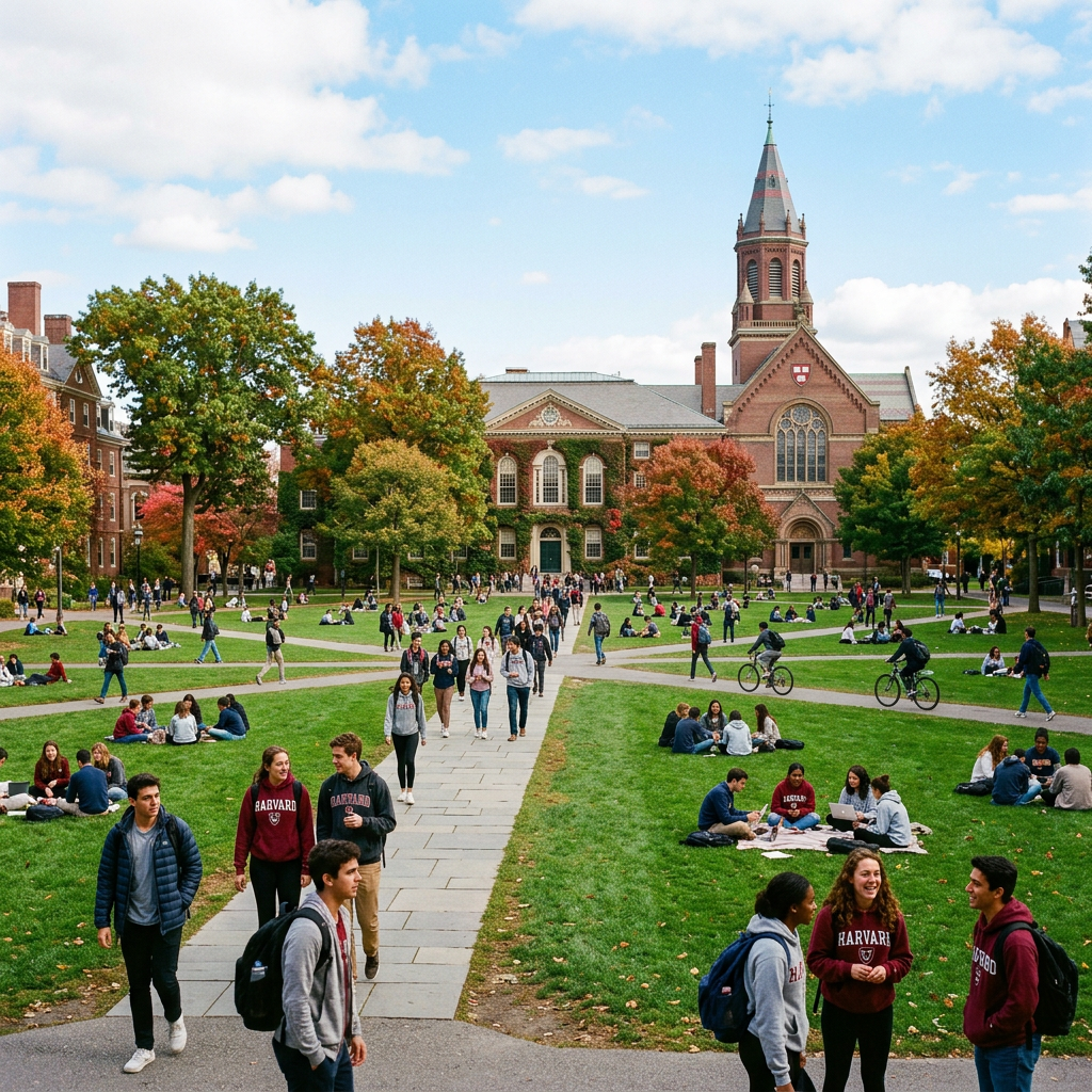 Students walking and sitting on the Harvard University campus green with autumn trees and a historic brick building with a tower