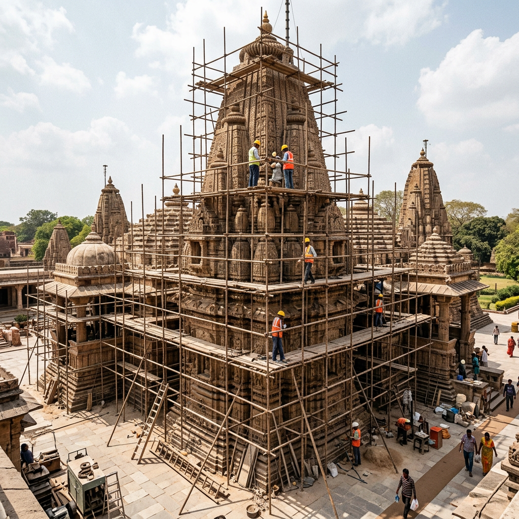 Stone temple under restoration with workers on scaffolding