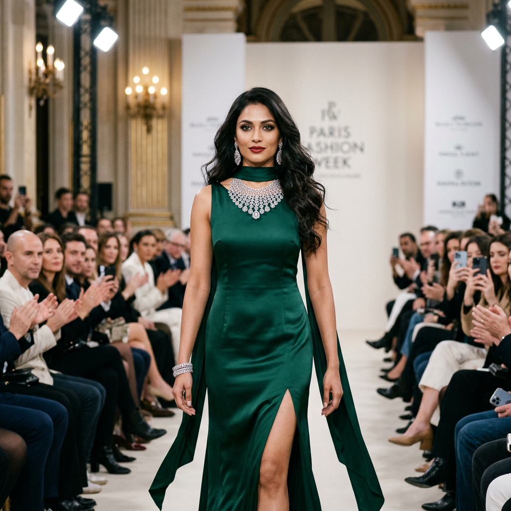 Model walking runway in dark green gown with diamond jewelry at Paris Fashion Week